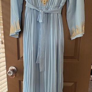 European Culture Light Blue Long Sleeve Dress with Gold Accents